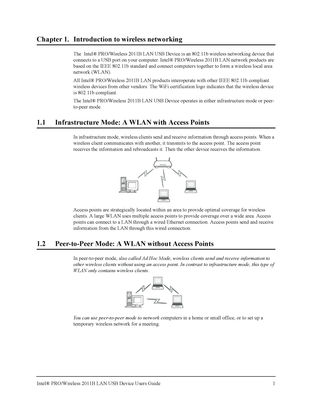 Intel 2011B manual Introduction to wireless networking, 1.1Infrastructure Mode A WLAN with Access Points 