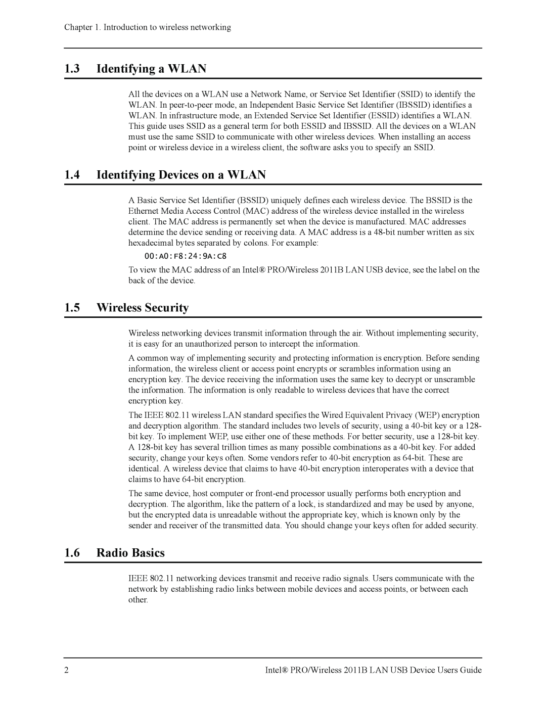 Intel 2011B manual 1.3Identifying a WLAN, 1.4Identifying Devices on a WLAN, 1.5Wireless Security, 1.6Radio Basics 