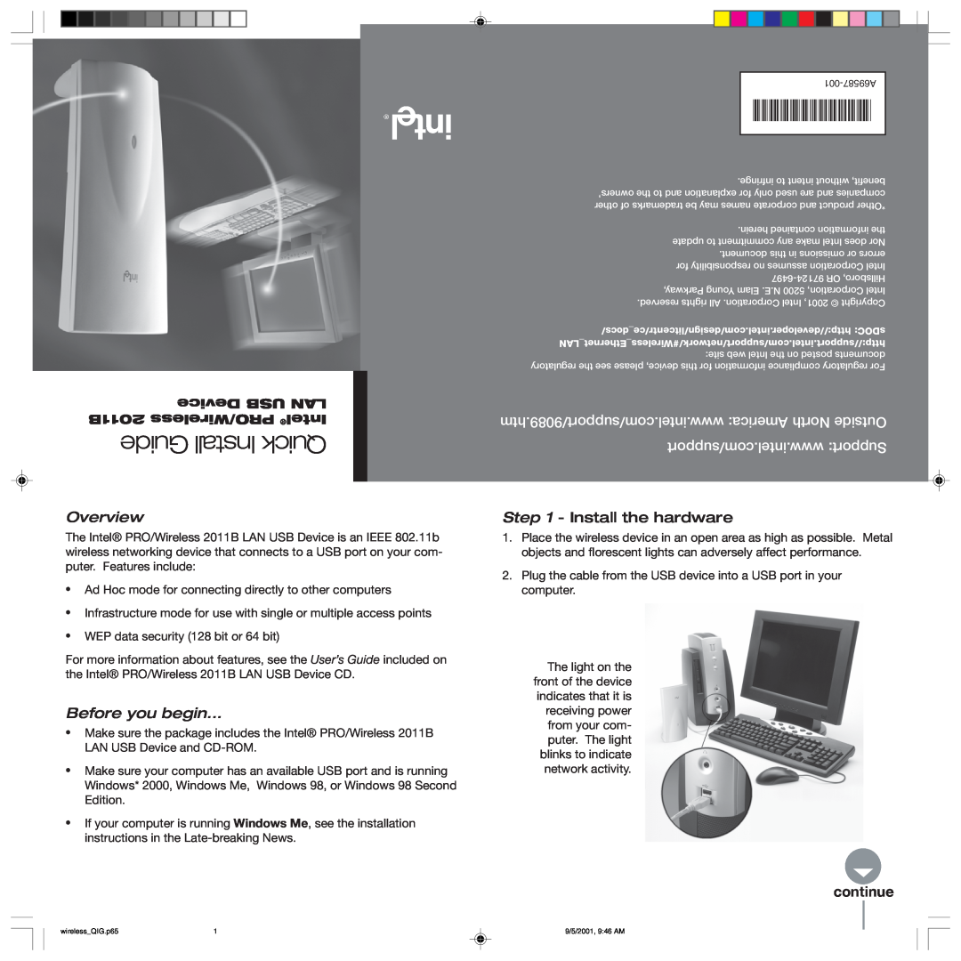 Intel manual User’s Guide, Intel PRO/Wireless 2011B LAN USB Device 