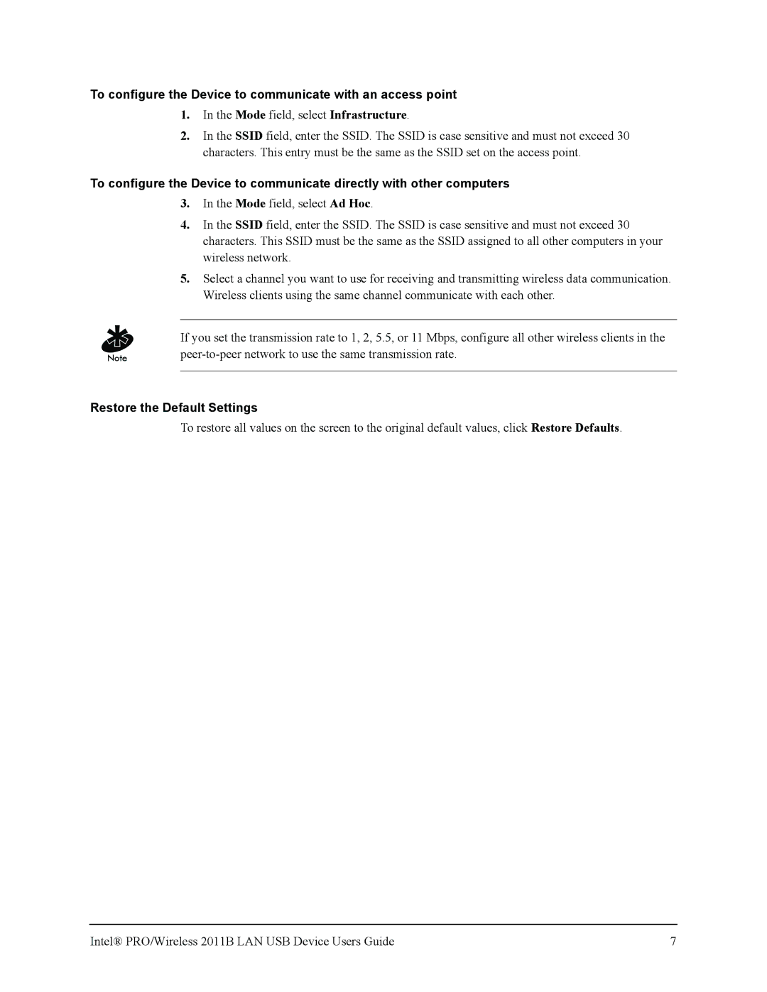 Intel 2011B manual To configure the Device to communicate with an access point 