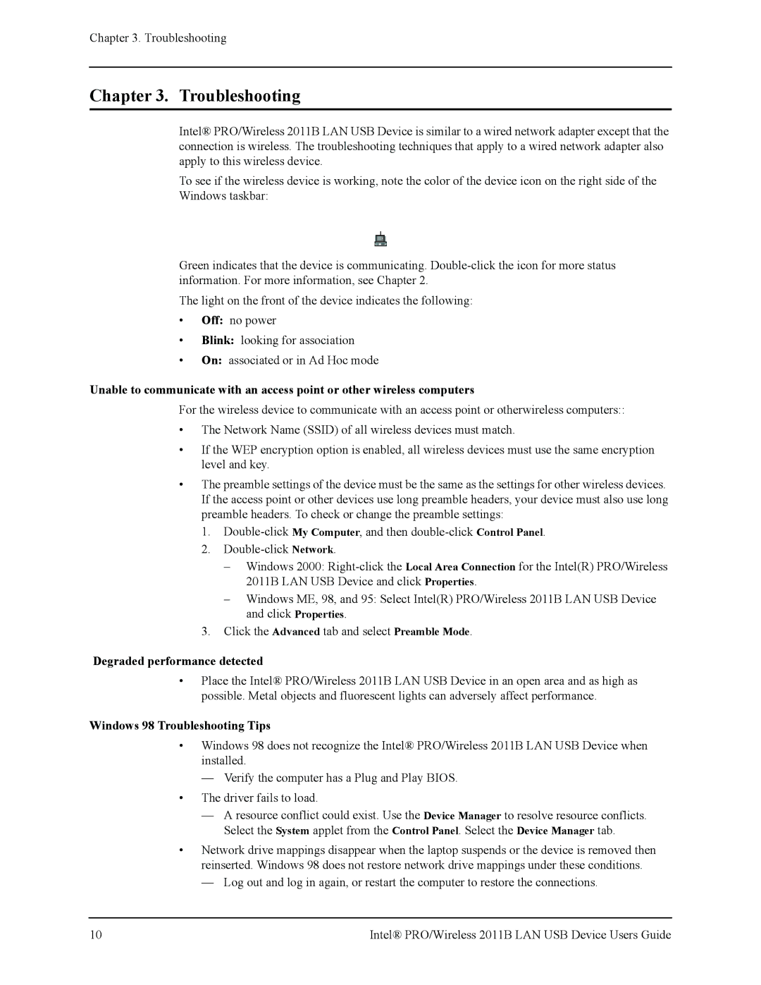 Intel 2011B manual Degraded performance detected, Windows 98 Troubleshooting Tips 