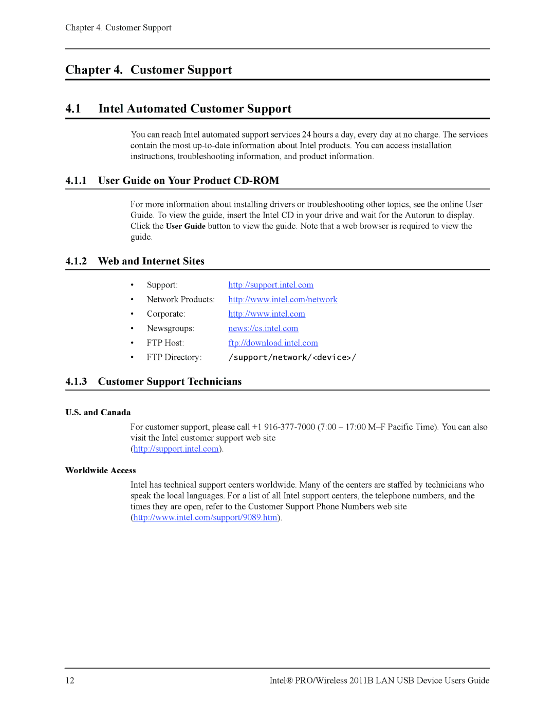 Intel 2011B manual Customer Support Intel Automated Customer Support, Canada, Worldwide Access 