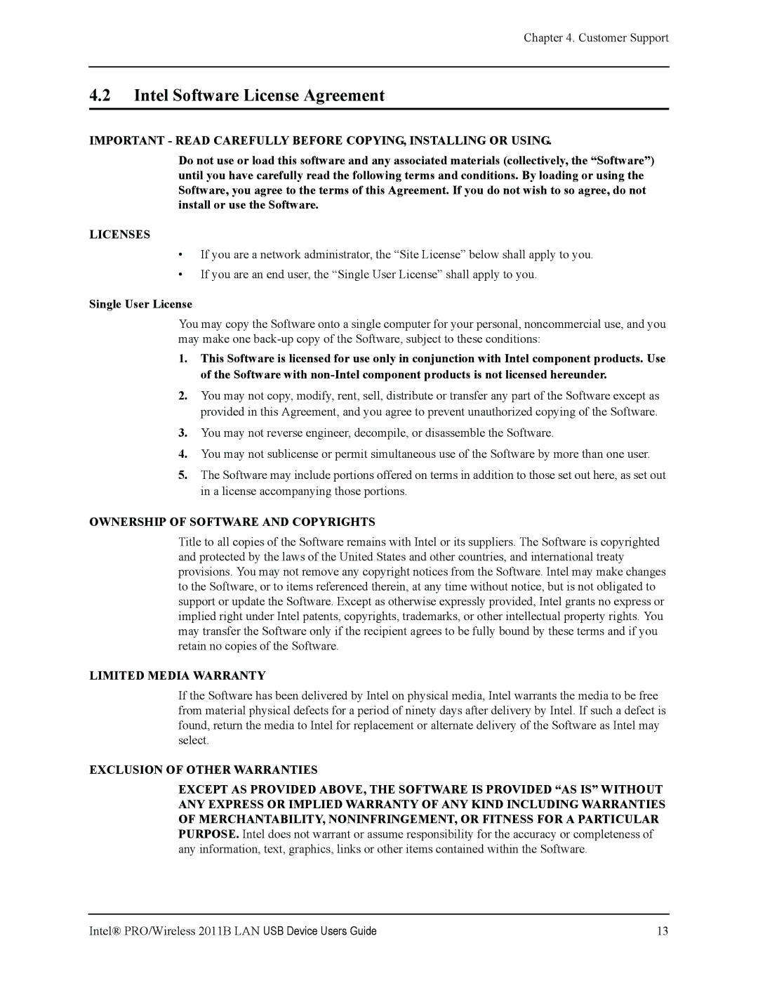 Intel 2011B manual Intel Software License Agreement, Single User License 