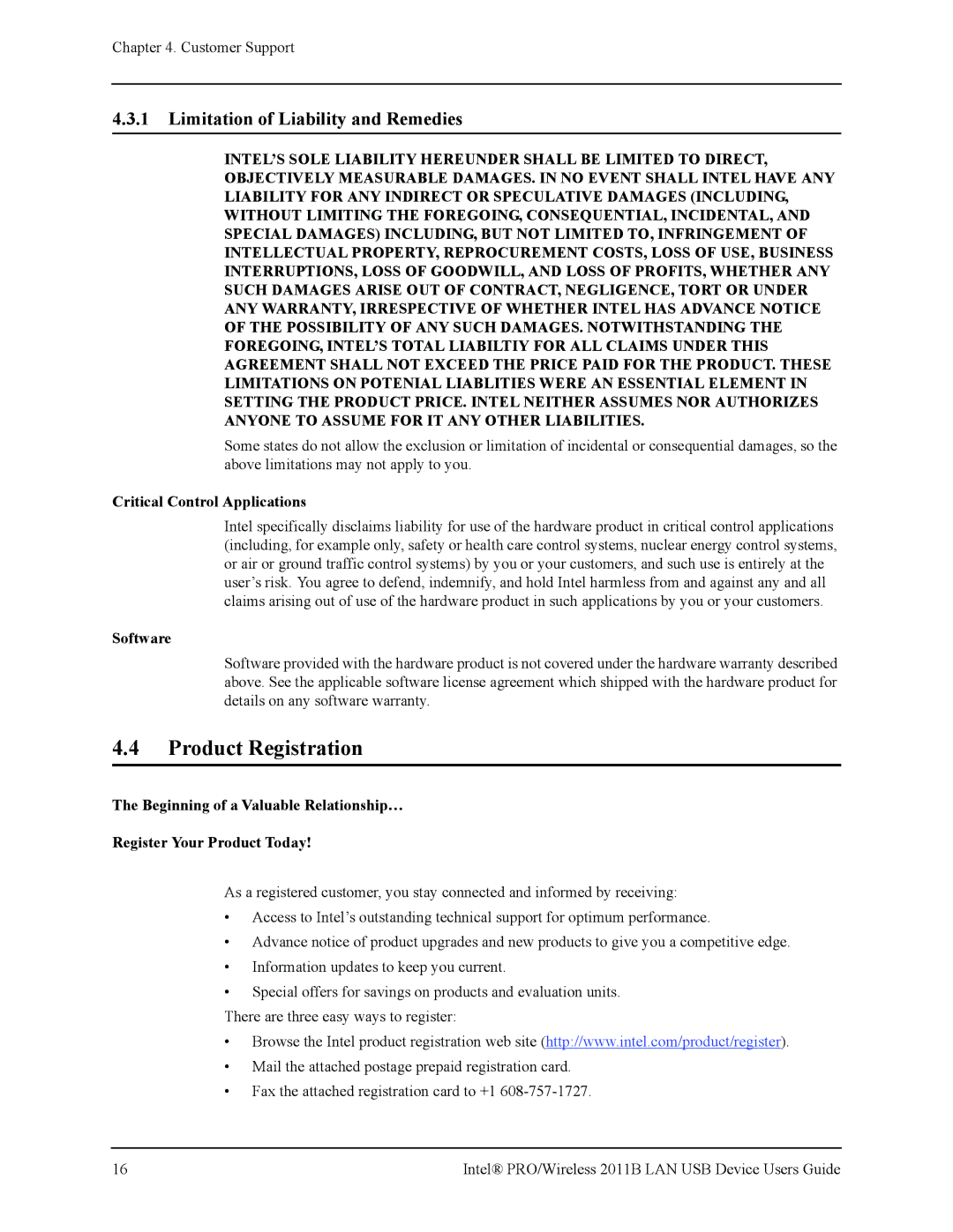 Intel 2011B manual Product Registration, Critical Control Applications, Software 