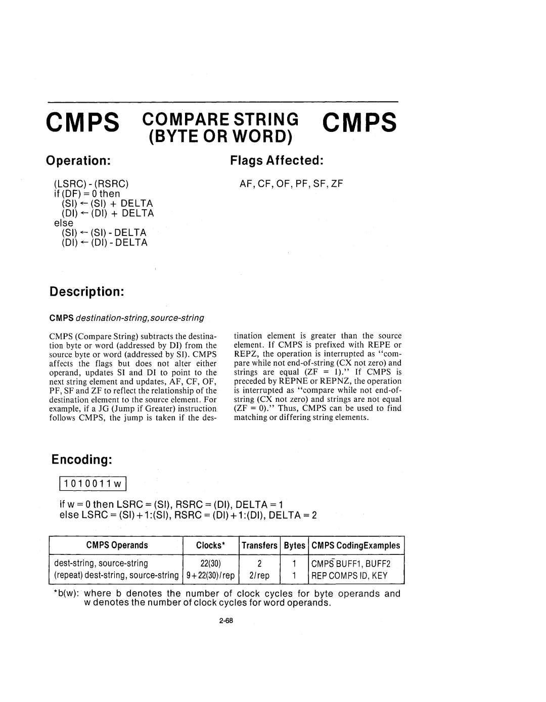 Intel 210200-002 manual Cmps Compare String Cmps Byte or Word, 11010011wl, EM PS destination-string, source-string, Rep 