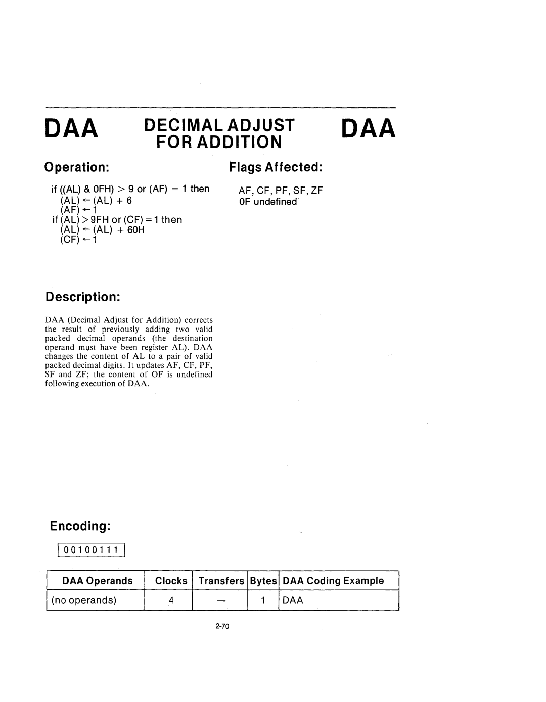 Intel 210200-002 manual DAA Decimal Adjust DAA For Addition 