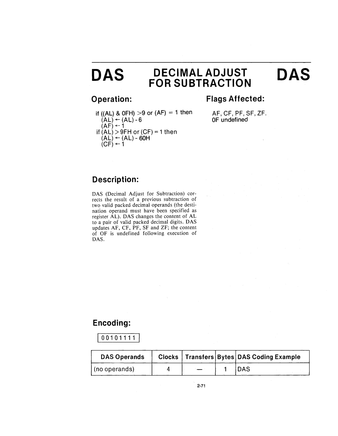 Intel 210200-002 manual DAS Decimal Adjust DAS For Subtraction, 1001011111 