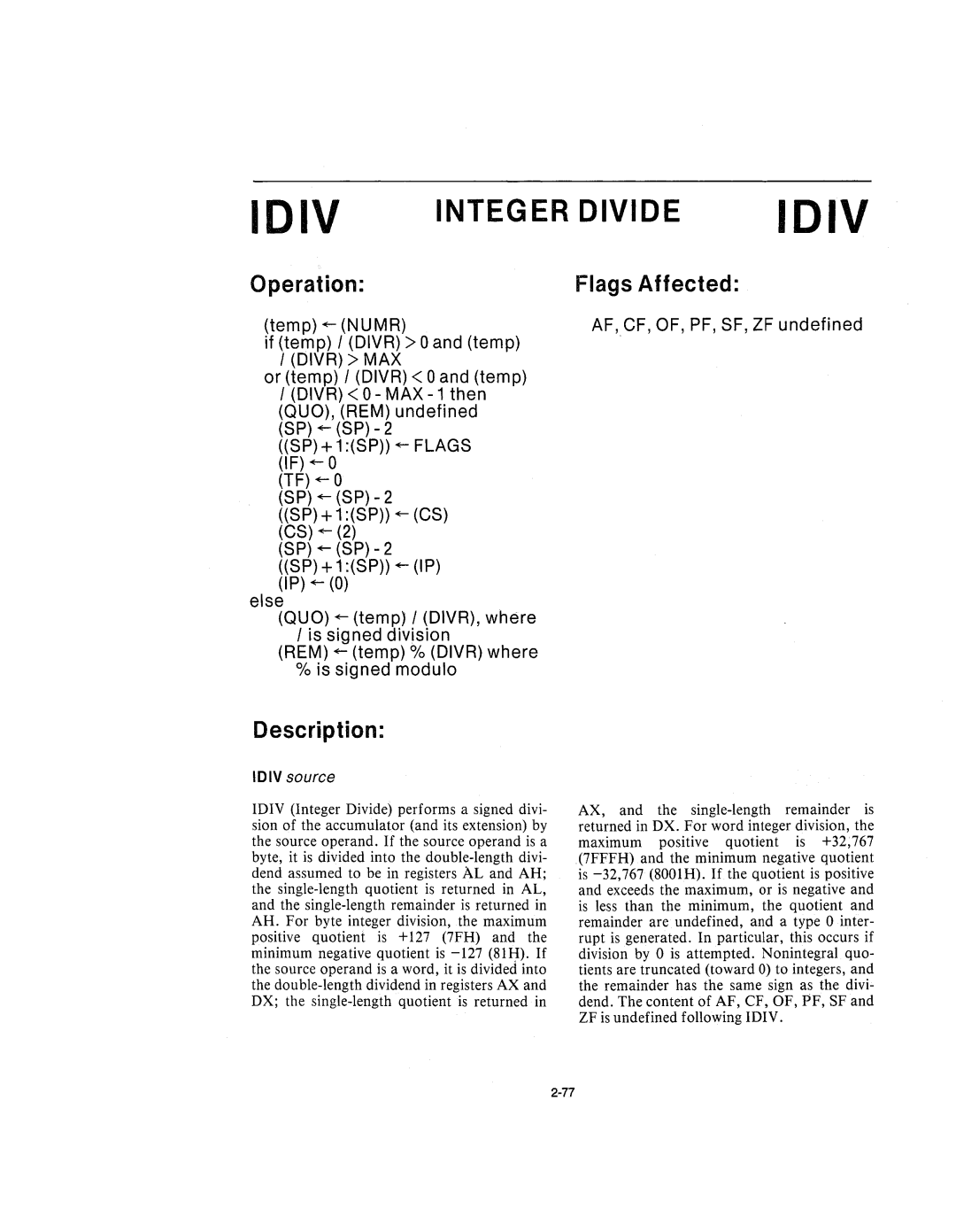 Intel 210200-002 manual Integer Divide Idiv 