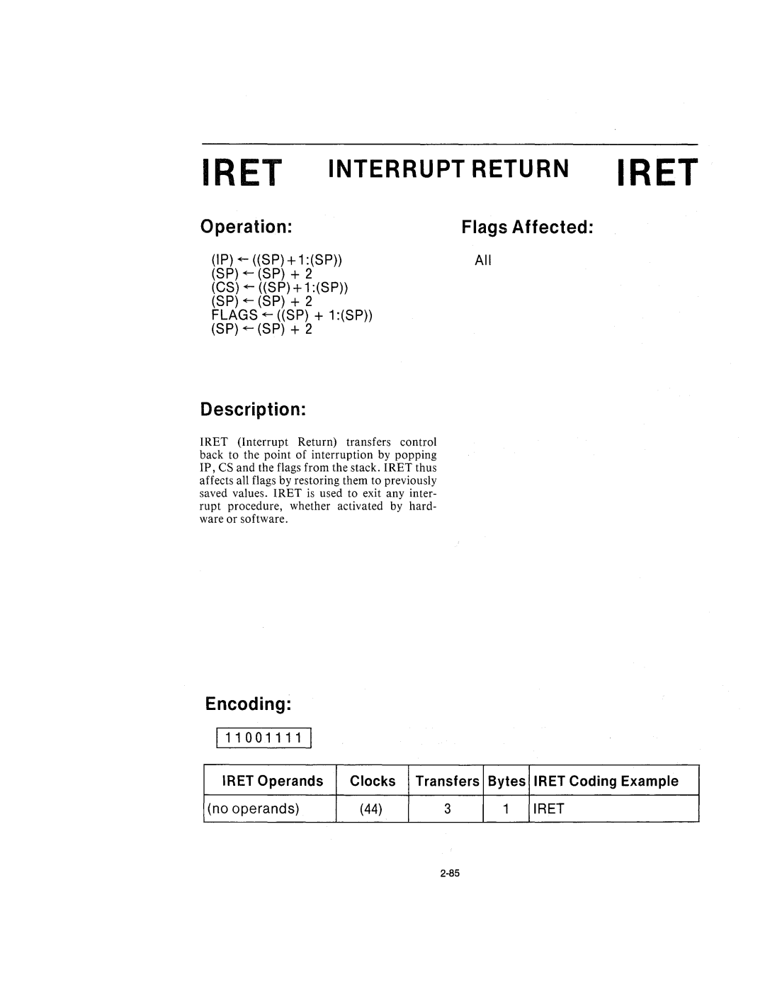 Intel 210200-002 manual Iret Interrupt Return Iret, 1110011111 