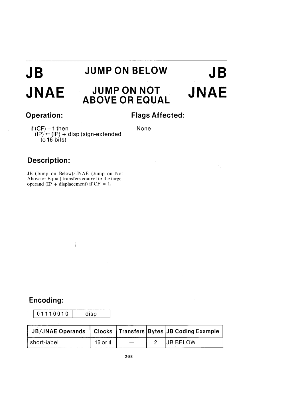 Intel 210200-002 manual Jump on below Jump on not Above or Equal, Disp 