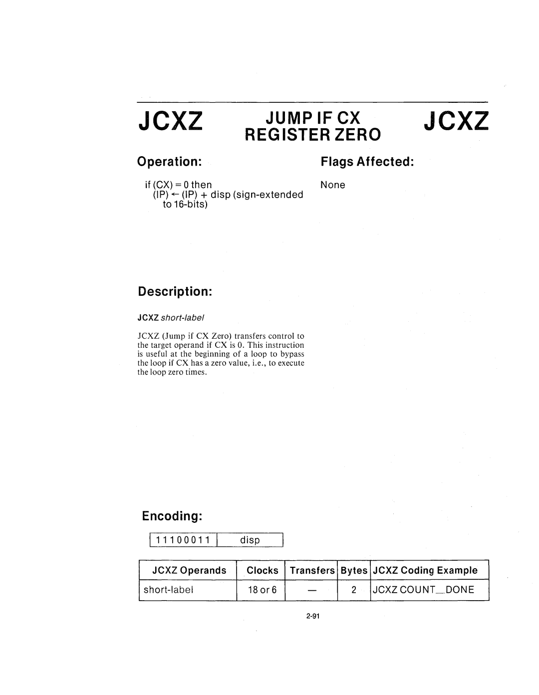 Intel 210200-002 manual Jcxz short-label 