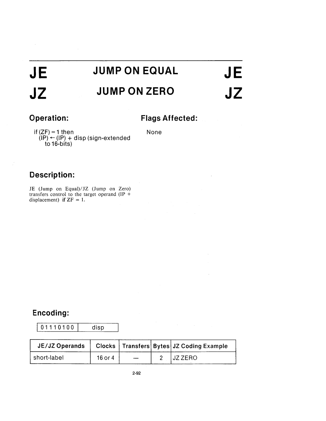 Intel 210200-002 manual Jump on Equal, Jump on Zero 