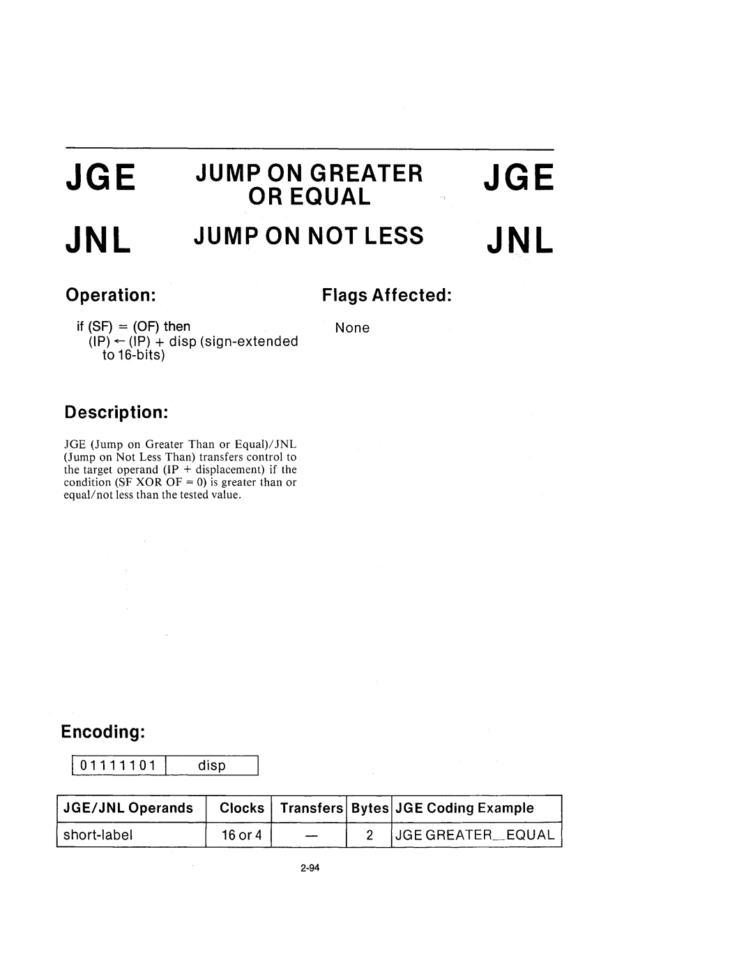 Intel 210200-002 manual Jge Jnl, JGE Jump on Greater or Equal JNL Jump on not Less 