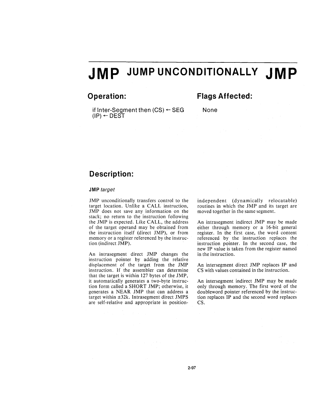 Intel 210200-002 manual JMP Jump Unconditionally JMP, JMP target 