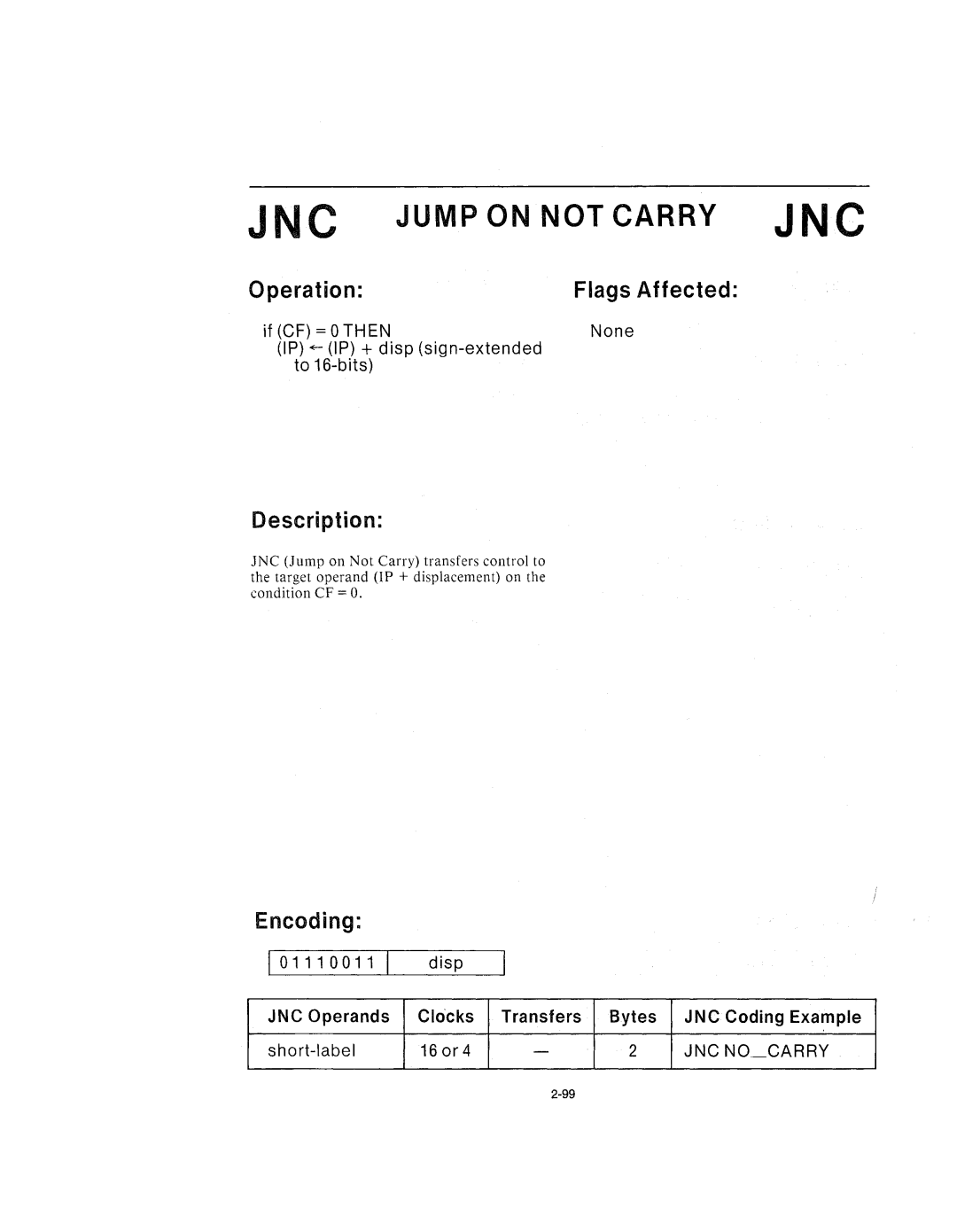 Intel 210200-002 manual JNC Jump on not Carry JNC 