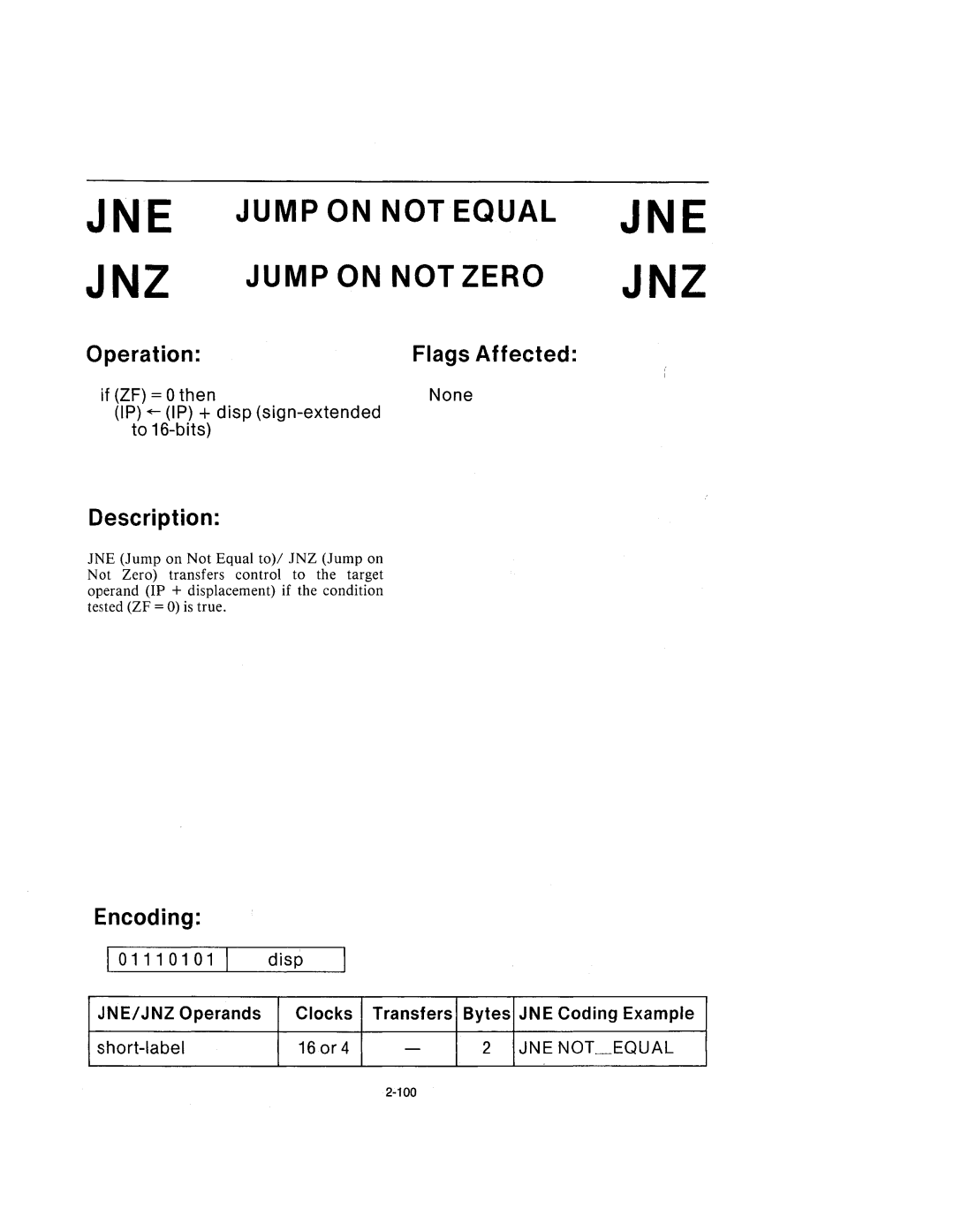 Intel 210200-002 manual Jne Jnz, JNE Jump on not Equal JNZ Jump on not Zero 