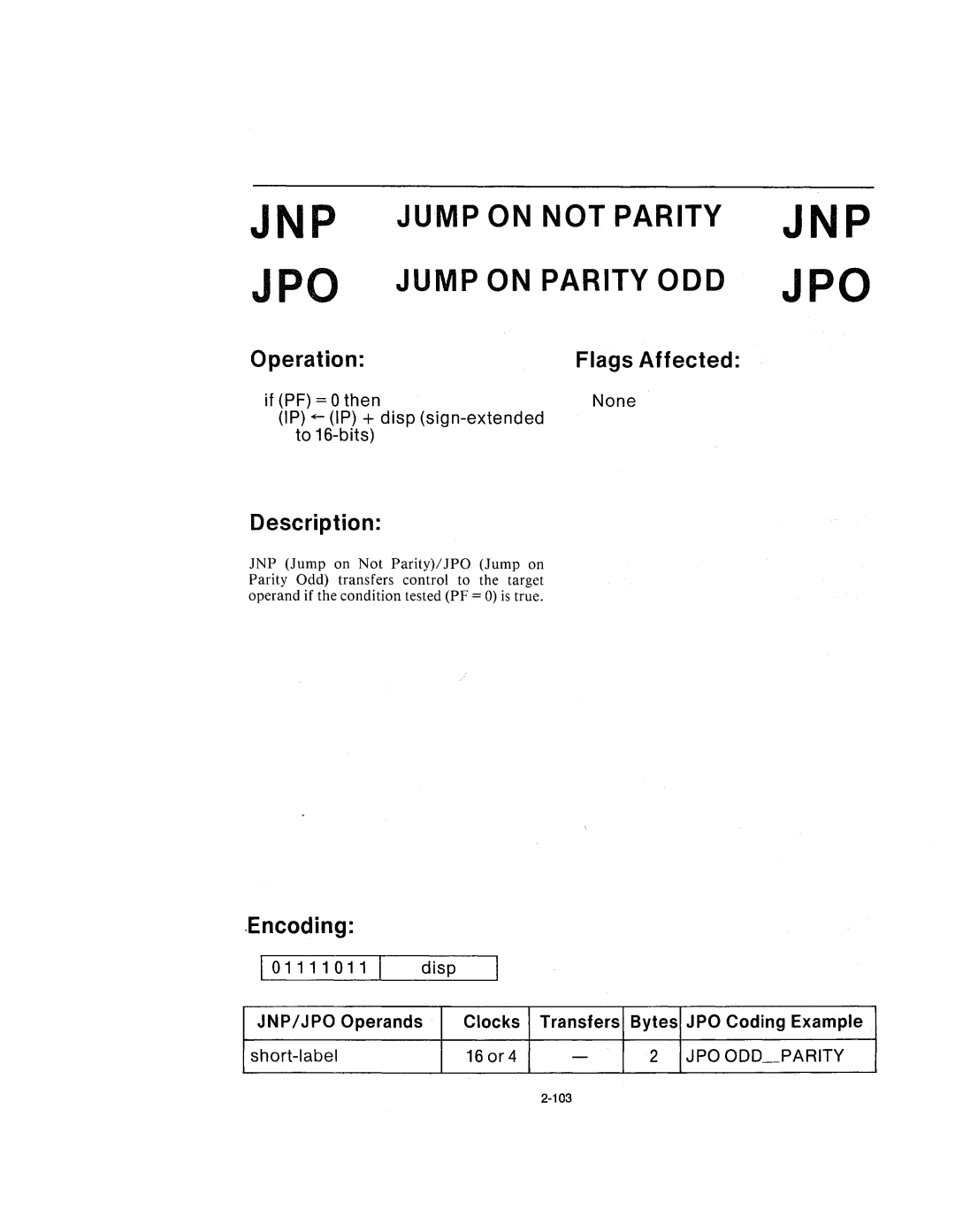 Intel 210200-002 manual Jnp Jpo, JNP Jump on not Parity JPO Jump on Parity ODD 