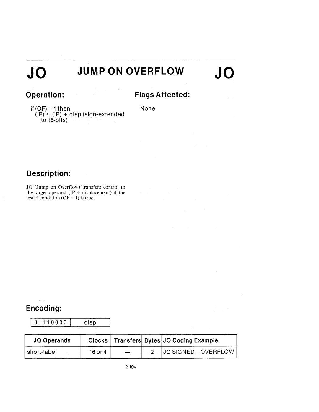 Intel 210200-002 manual Jump on Overflow JO 