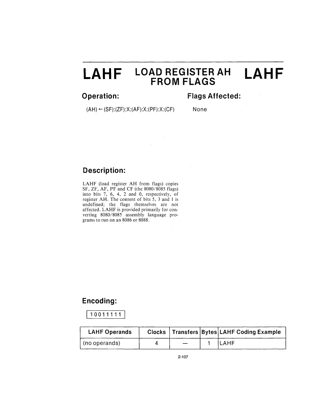 Intel 210200-002 manual Lahf Load Register AH Lahf From Flags 