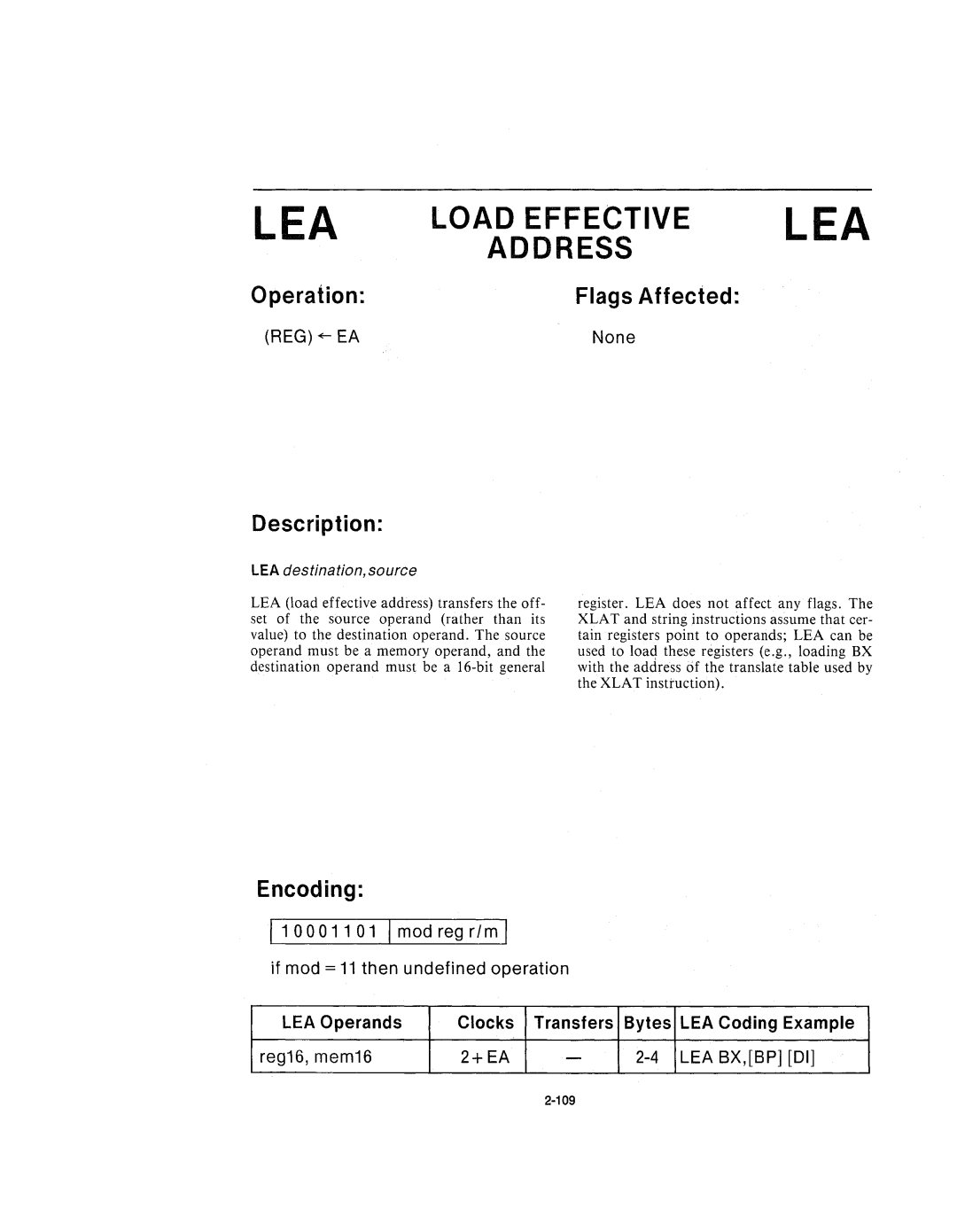 Intel 210200-002 manual Load Effective Address, LEA destination,source 