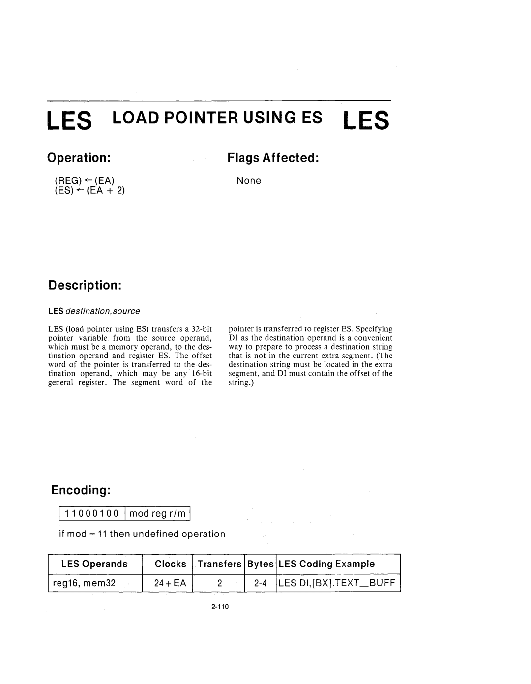 Intel 210200-002 manual Load Pointer Using ES LES, LES destination, source 