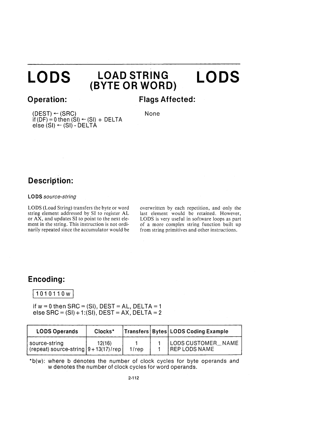 Intel 210200-002 manual Lods Load String Lods Byte or Word, 11010110wl, Lods source-string 