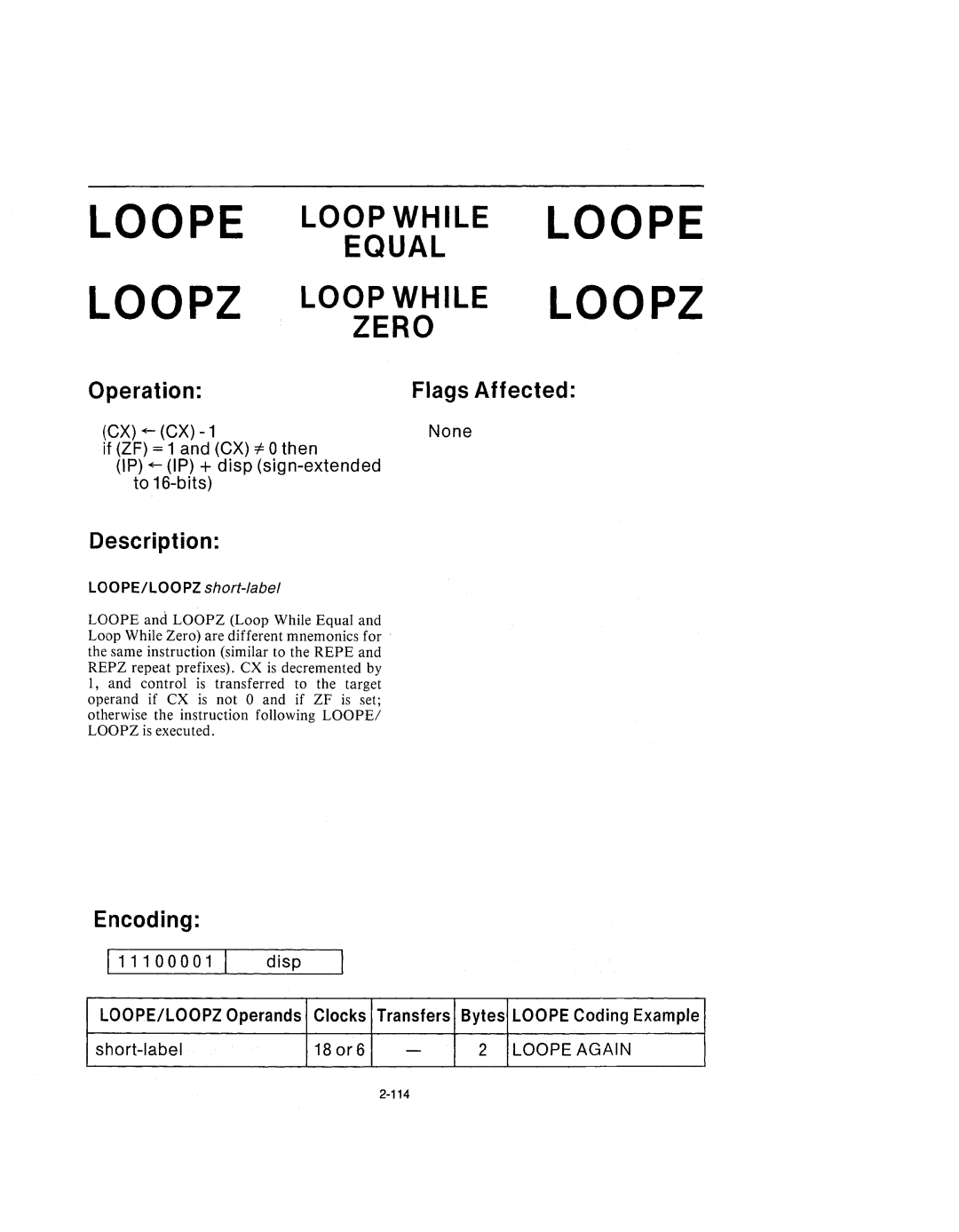 Intel 210200-002 manual Loopwhile Equal Zero, LOOPE/LOOPZ short-label 