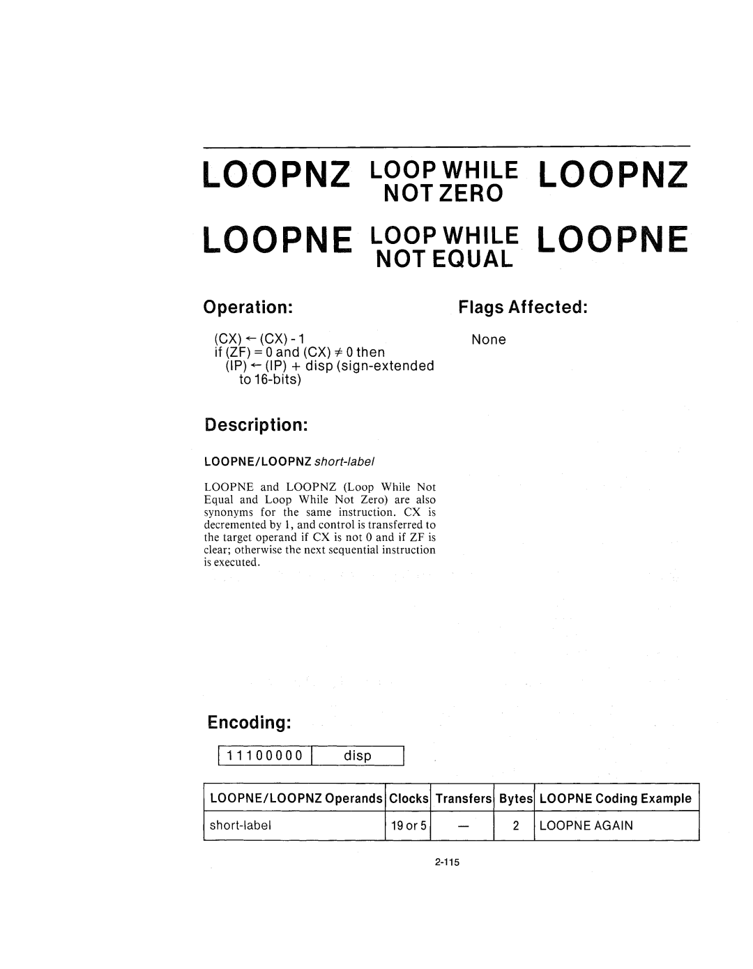 Intel 210200-002 manual Loopwhile, LOOPNE/LOOPNZ short-label 