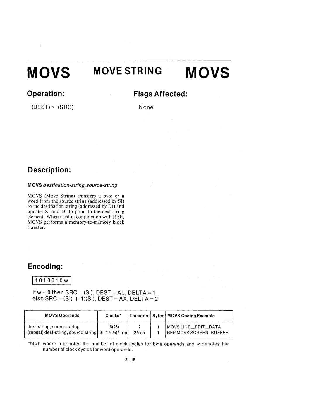 Intel 210200-002 manual Movs Move String Movs, 11010010wl, Movs destination-string, source-string 