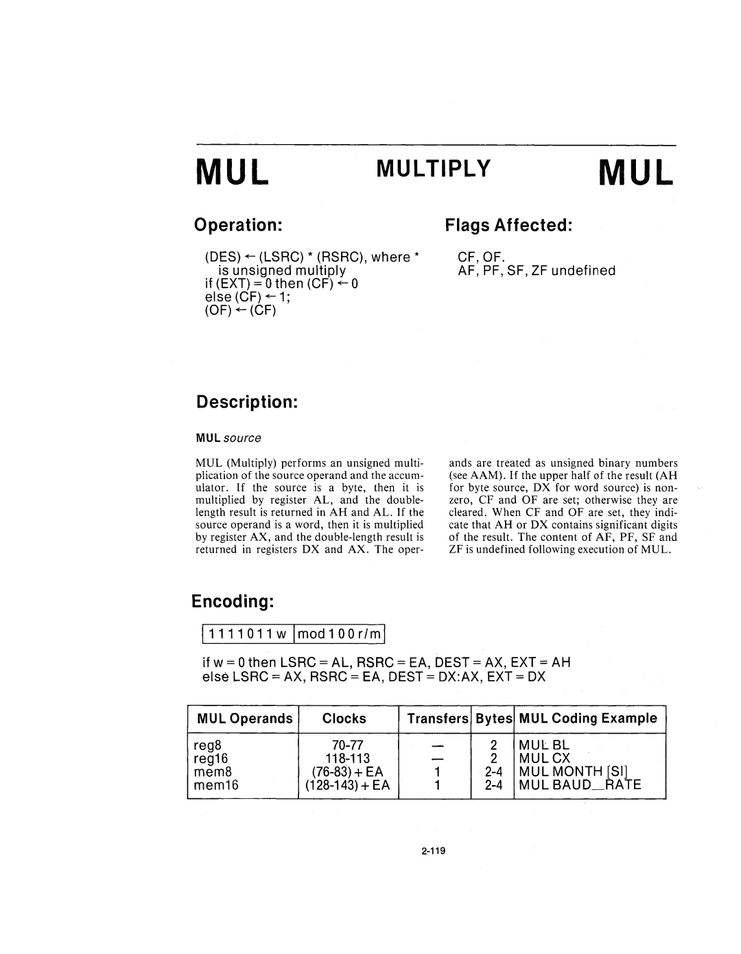 Intel 210200-002 manual Multiplymul, MUL source 