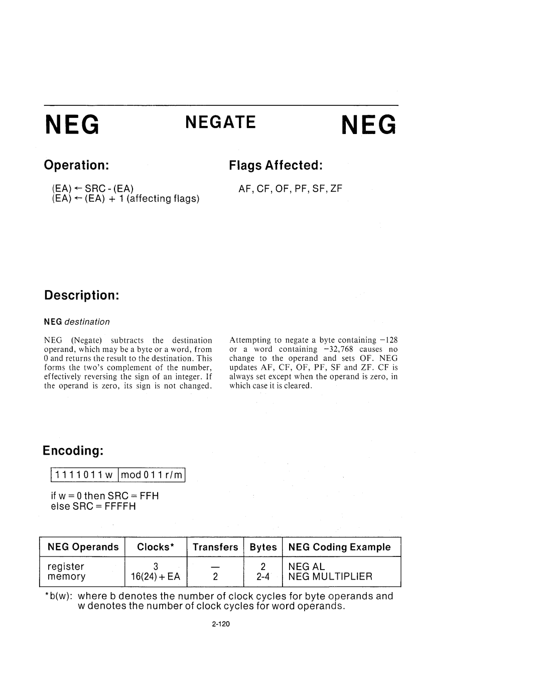 Intel 210200-002 manual Negateneg, 11111 011 w 1mod a11 rIm, NEG destination 