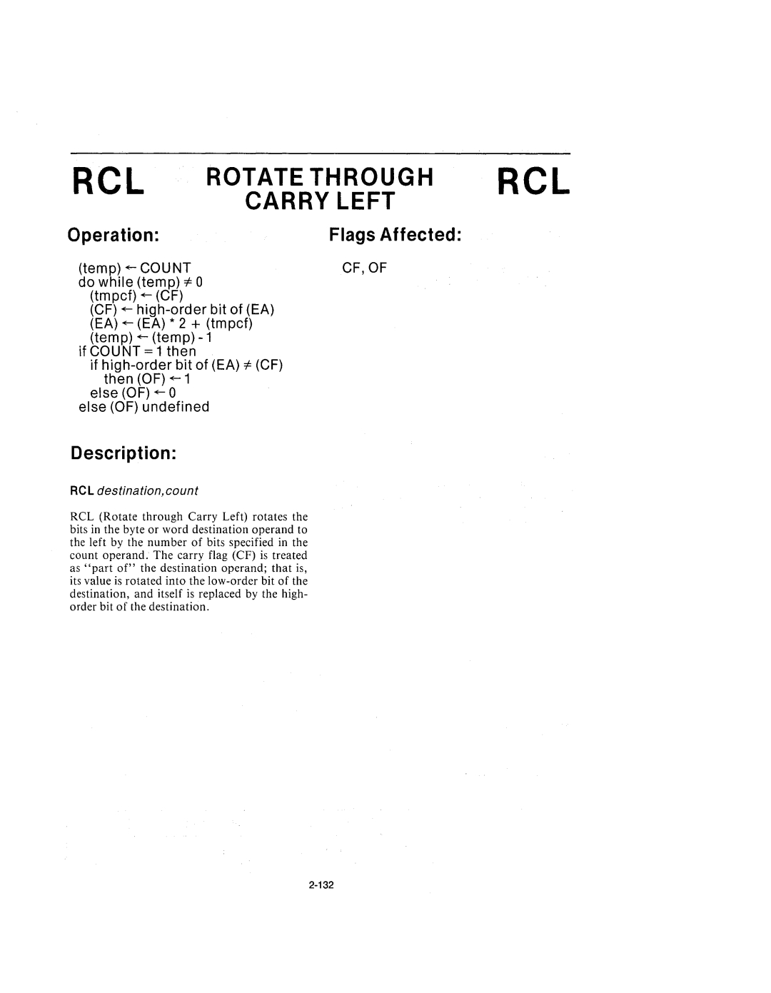 Intel 210200-002 manual RCL Rotate Through RCL Carry Left, RCL destination, count 