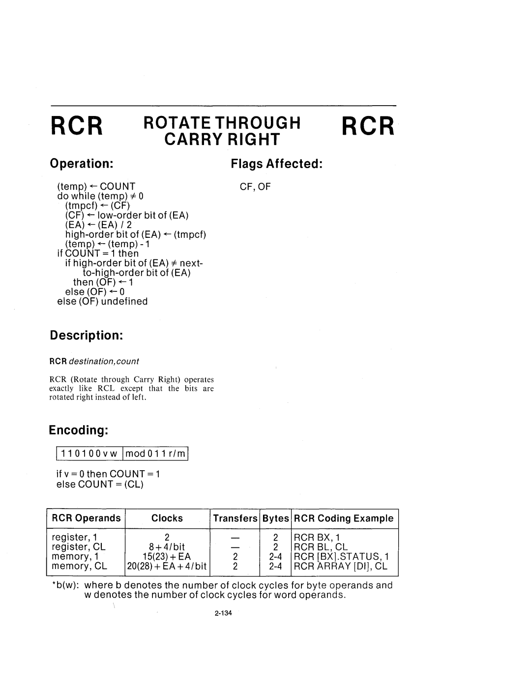 Intel 210200-002 manual Carry Right, RCR destination, count 