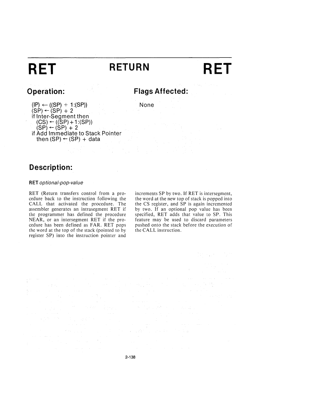 Intel 210200-002 manual Returnret, RET optional-pap-value 