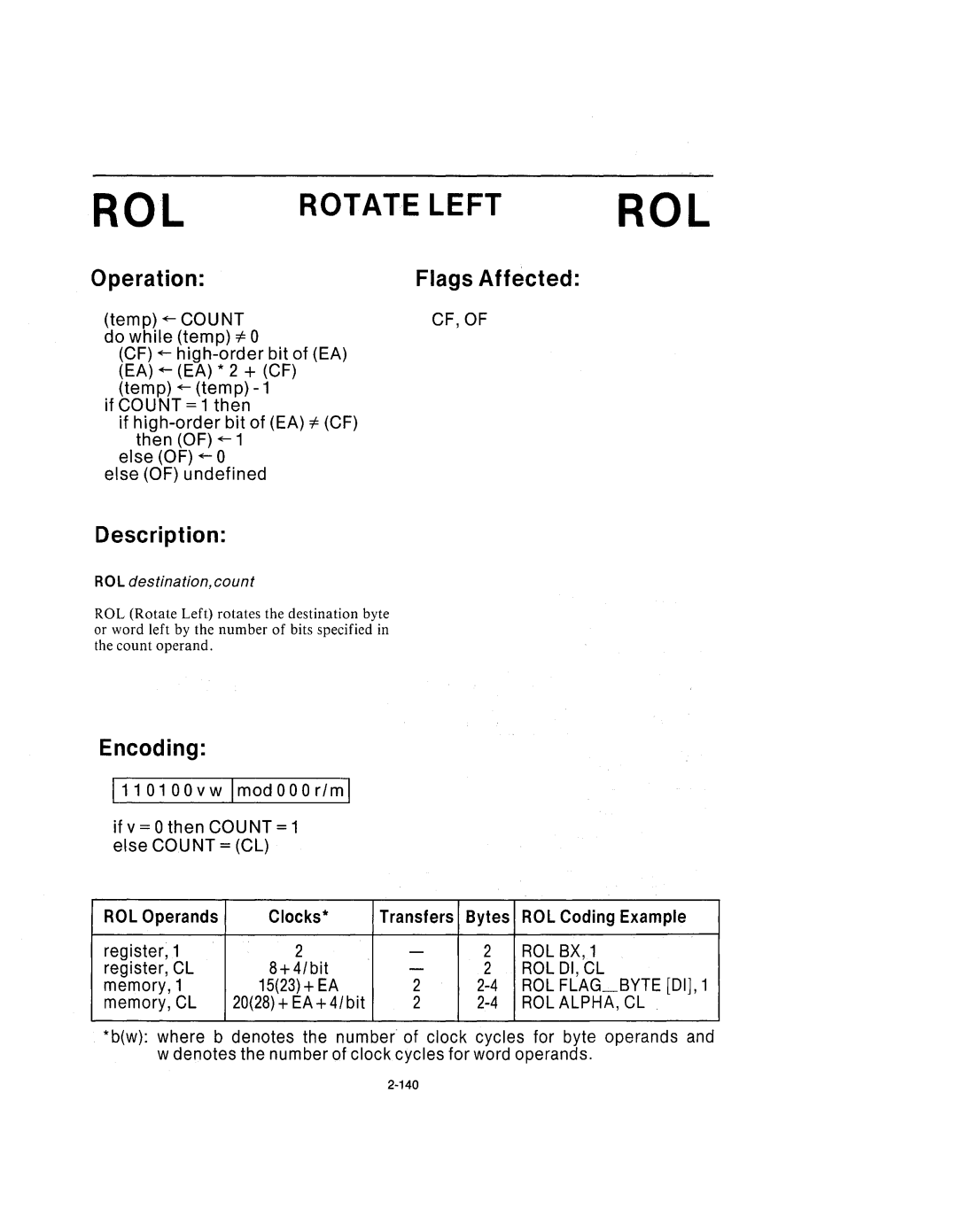 Intel 210200-002 manual ROL Rotate Left ROL, ROL destination, count 