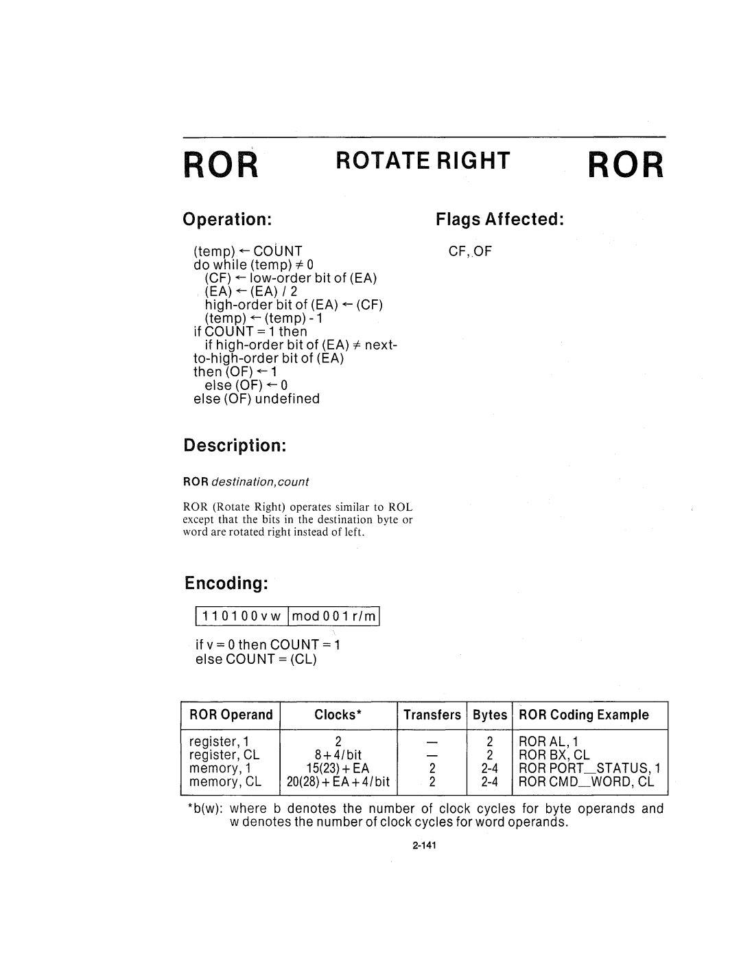 Intel 210200-002 manual Rotate Right ROR, ROR destination, count 