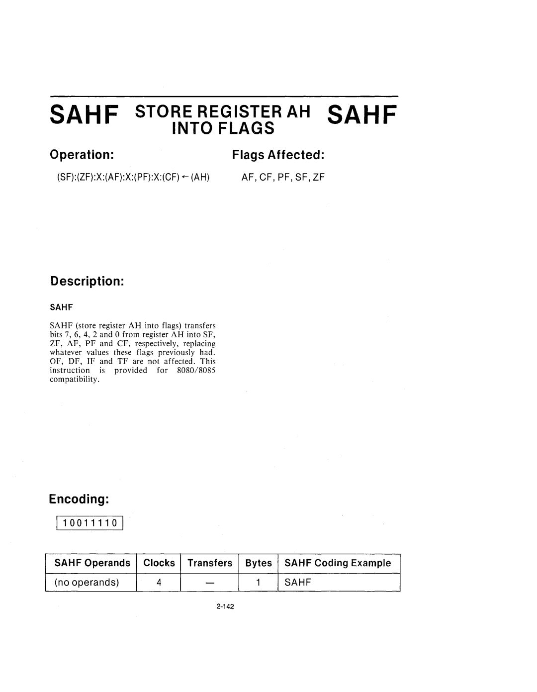 Intel 210200-002 manual Sahf Store Register AH Sahf Into Flags, 1100111101 