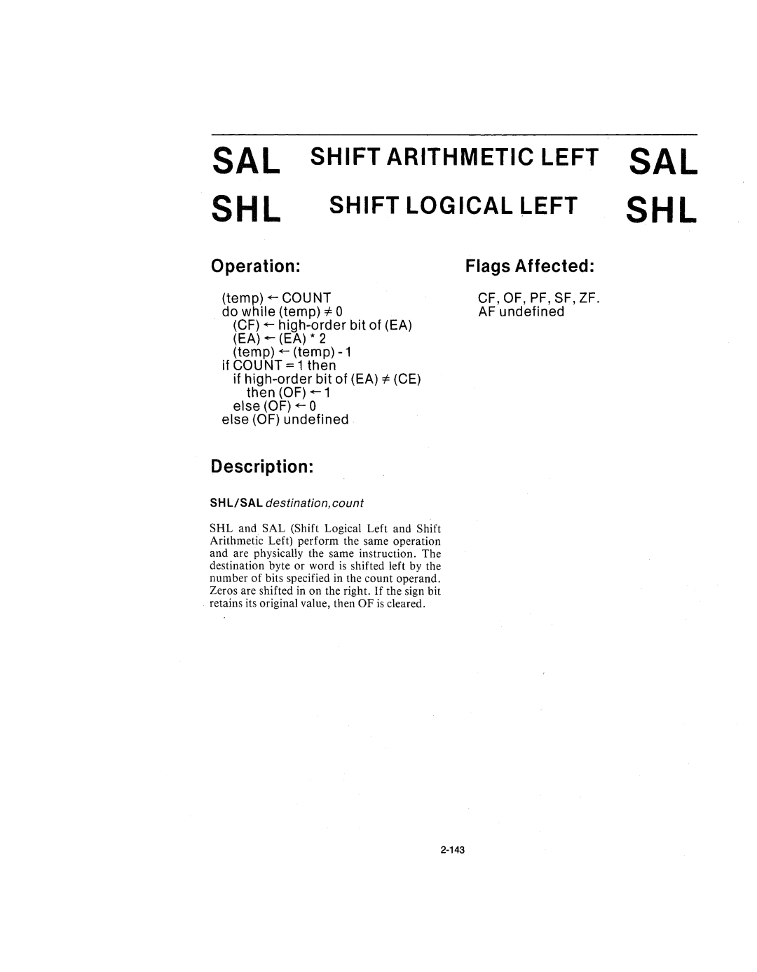 Intel 210200-002 manual SAL Shift Arithmetic Left SHL Shift Logical Left, Cf, Of, Pf, Sf, Zf 