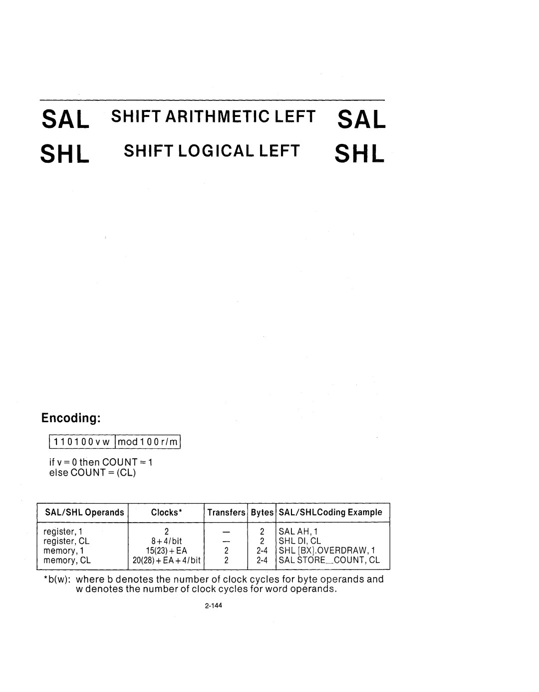 Intel 210200-002 manual Sal Shl, Shift Arithmetic Left Shift Logical Left 