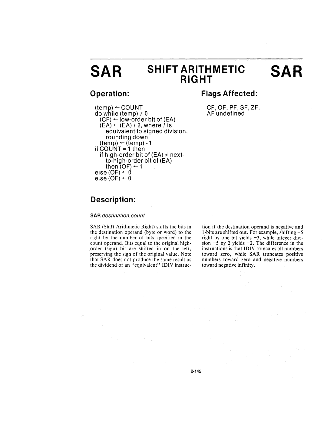 Intel 210200-002 manual SAR Shift Arithmetic SAR Right, Cf, Of, Pf, Sf, Zf 