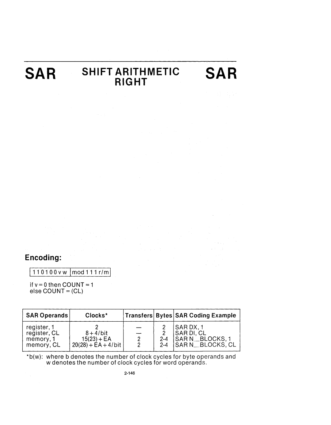 Intel 210200-002 manual SAR Operands Clocks Transfers Bytes SAR Coding Example 