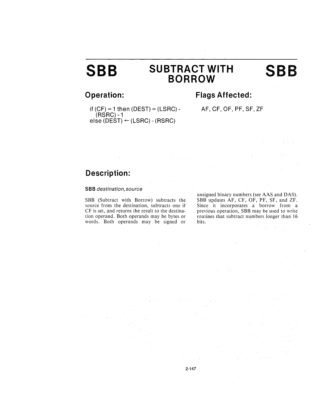 Intel 210200-002 manual Subtract with Borrow, See destination,source 