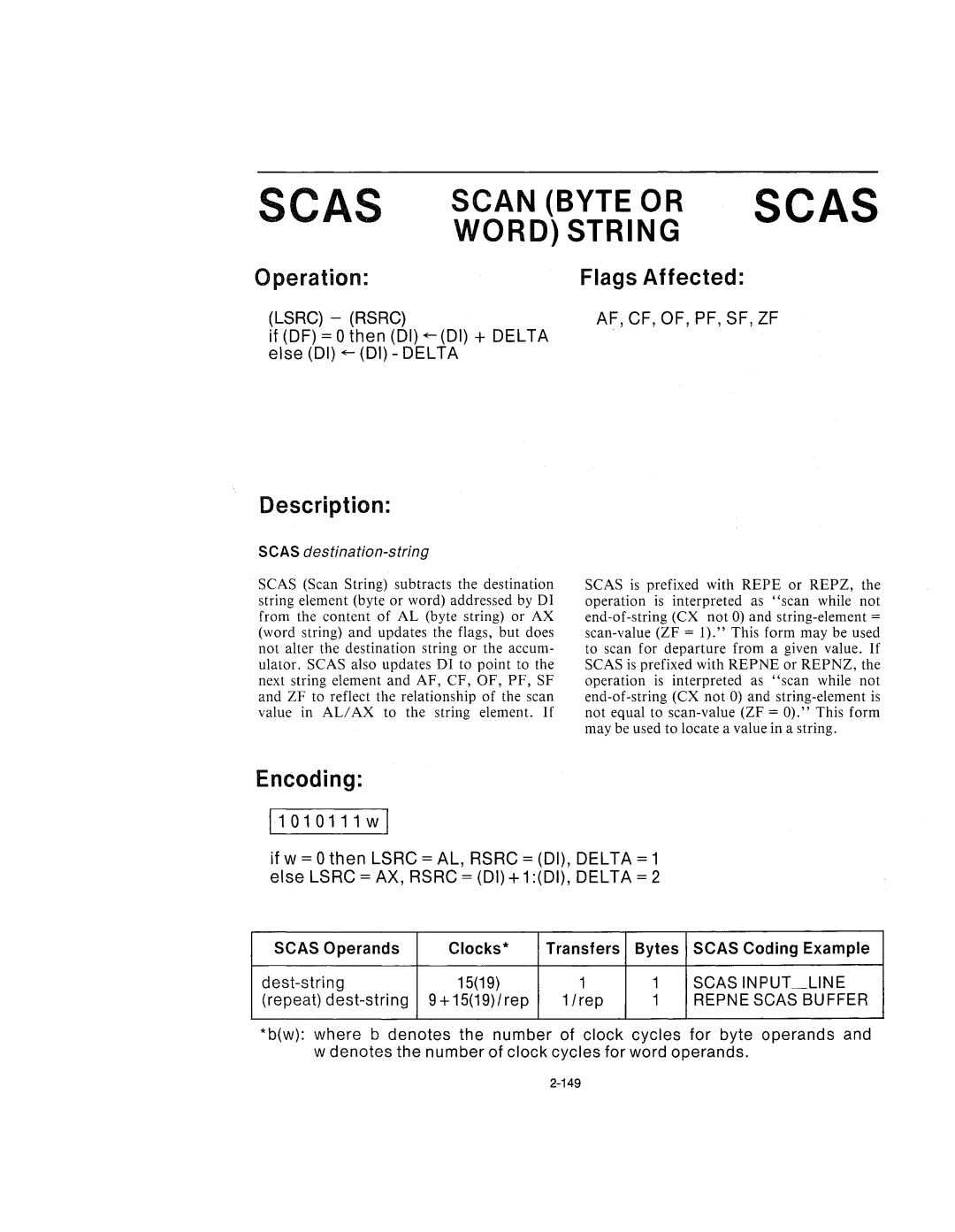 Intel 210200-002 manual Scas Scan Byte or Scas Word String, 11010111wl, SeAS destination-string, + 1519/rep 