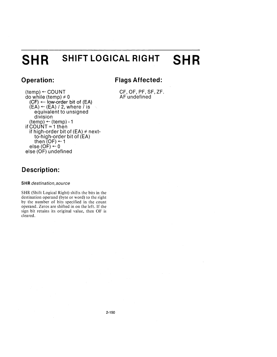 Intel 210200-002 manual SHR Shift Logical Right SHR, SHR destination, source 