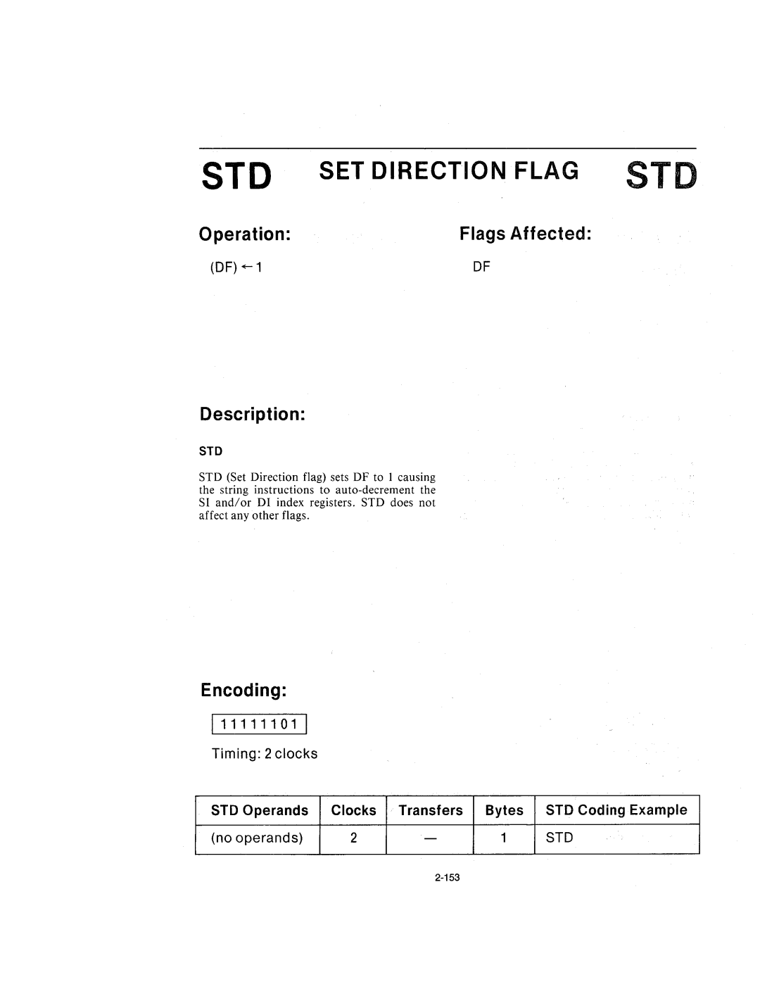 Intel 210200-002 manual STD SET Direction Flag STD, 1111111011 