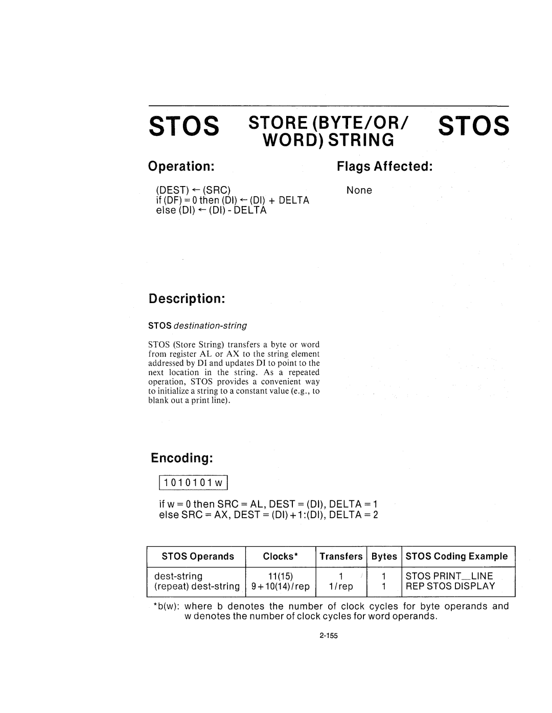 Intel 210200-002 manual Stos Store BYTE/OR/ Stos Word String, 11010101wl, Stos destination-string 