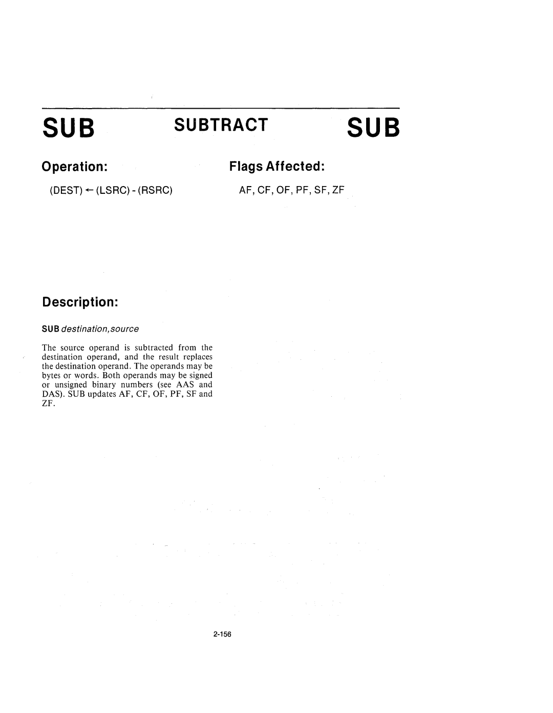 Intel 210200-002 manual Subtractsub, SUB destination,source 