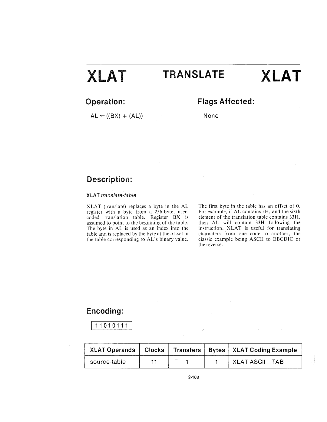 Intel 210200-002 manual 11010111, Xlat translate-table 