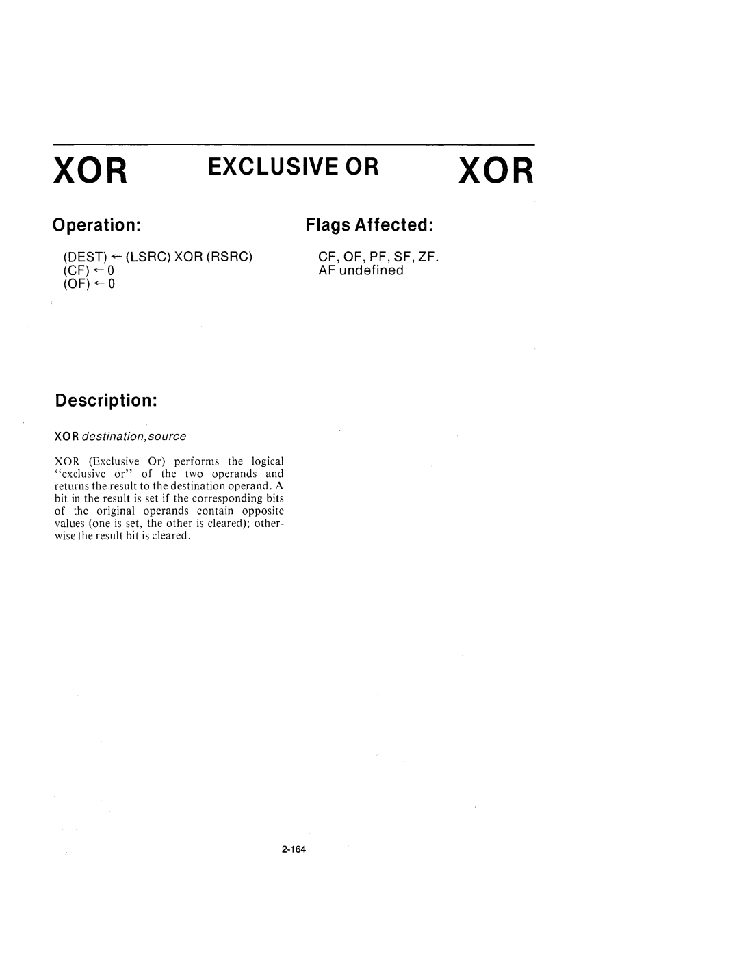 Intel 210200-002 manual Exclusive or XOR, XOR destination,source 