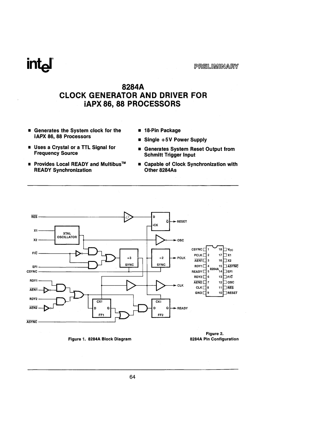 Intel 210200-002 manual 8284A Clock Generator and Driver for iAPX 86, 88 Processors 